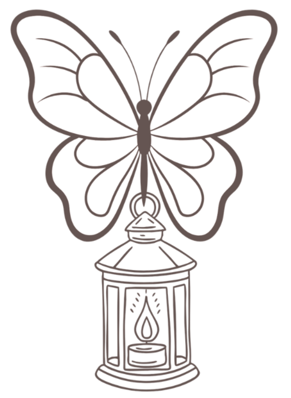 A black and white illustration of a butterfly with outstretched wings above a lantern with a lit candle inside.