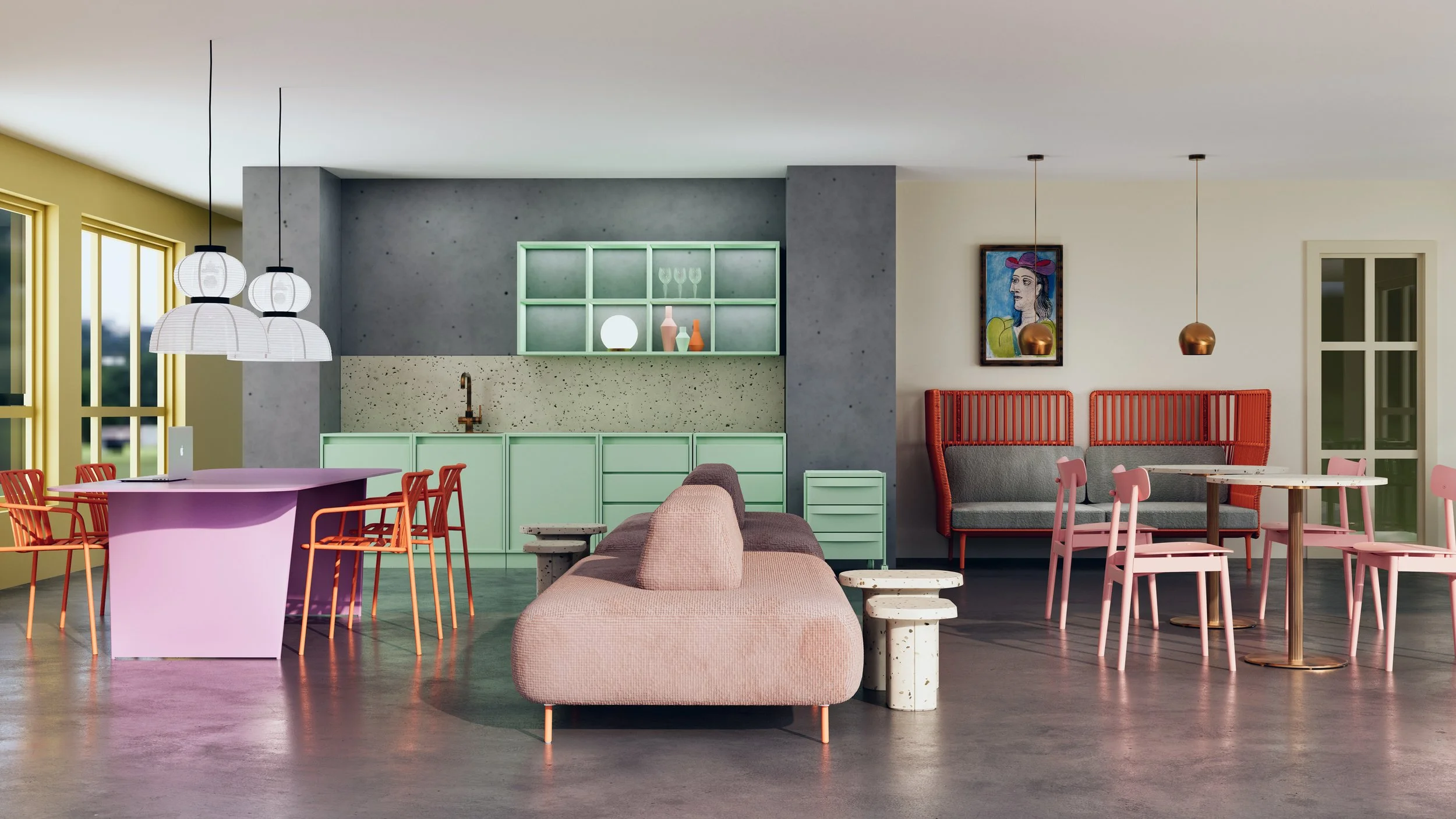 Innendørs spisestue med forskjellige møbler og dekorasjoner, inkludert en rosa bord med plaststoler, en sofa, en grønnskap, kunst på veggen og hengende lamper.
