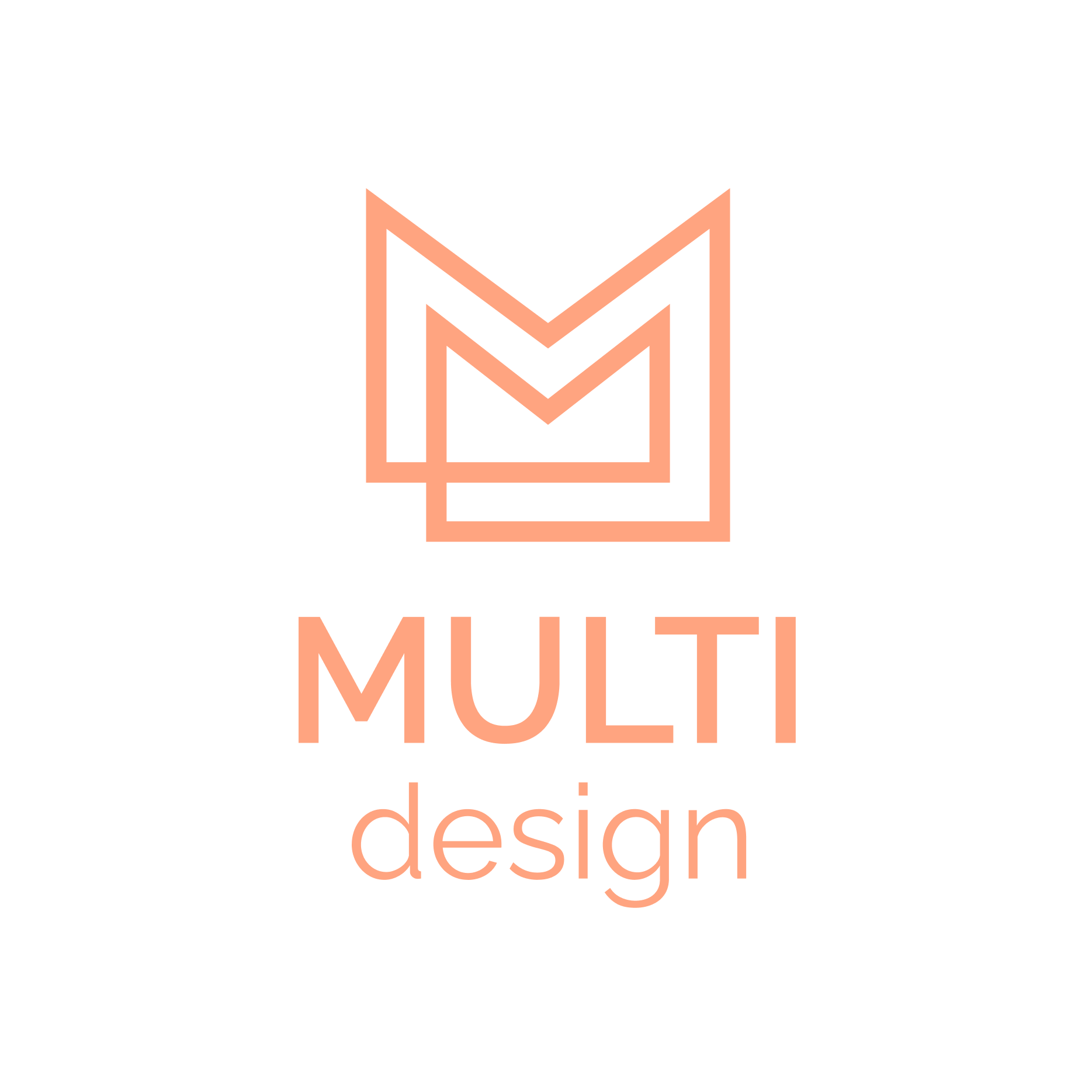 Design logo med et abstrakt M-symbol i rosa farge, med teksten "MULTI.design" under.
