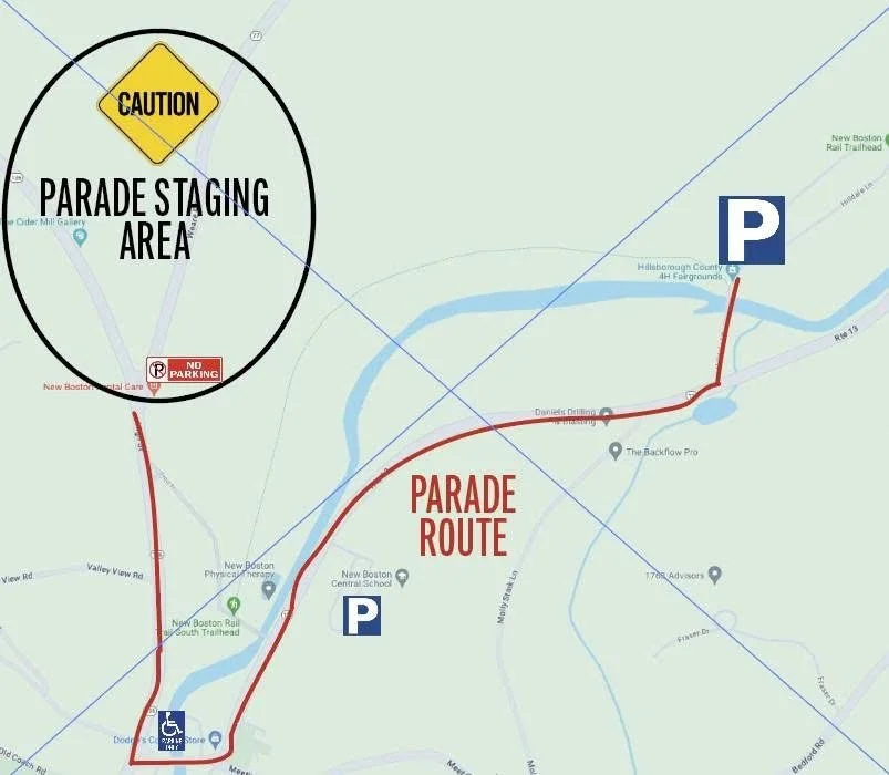 Map showing parade route and staging area, with parking locations, river, and roads. Includes a caution sign marking parade staging area and signs indicating parking.