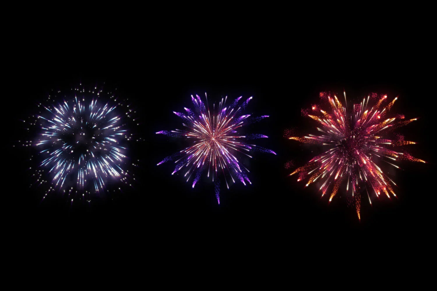 Three colorful fireworks exploding against a black night sky, with the first in white and blue, the second in purple, and the third in red and yellow.