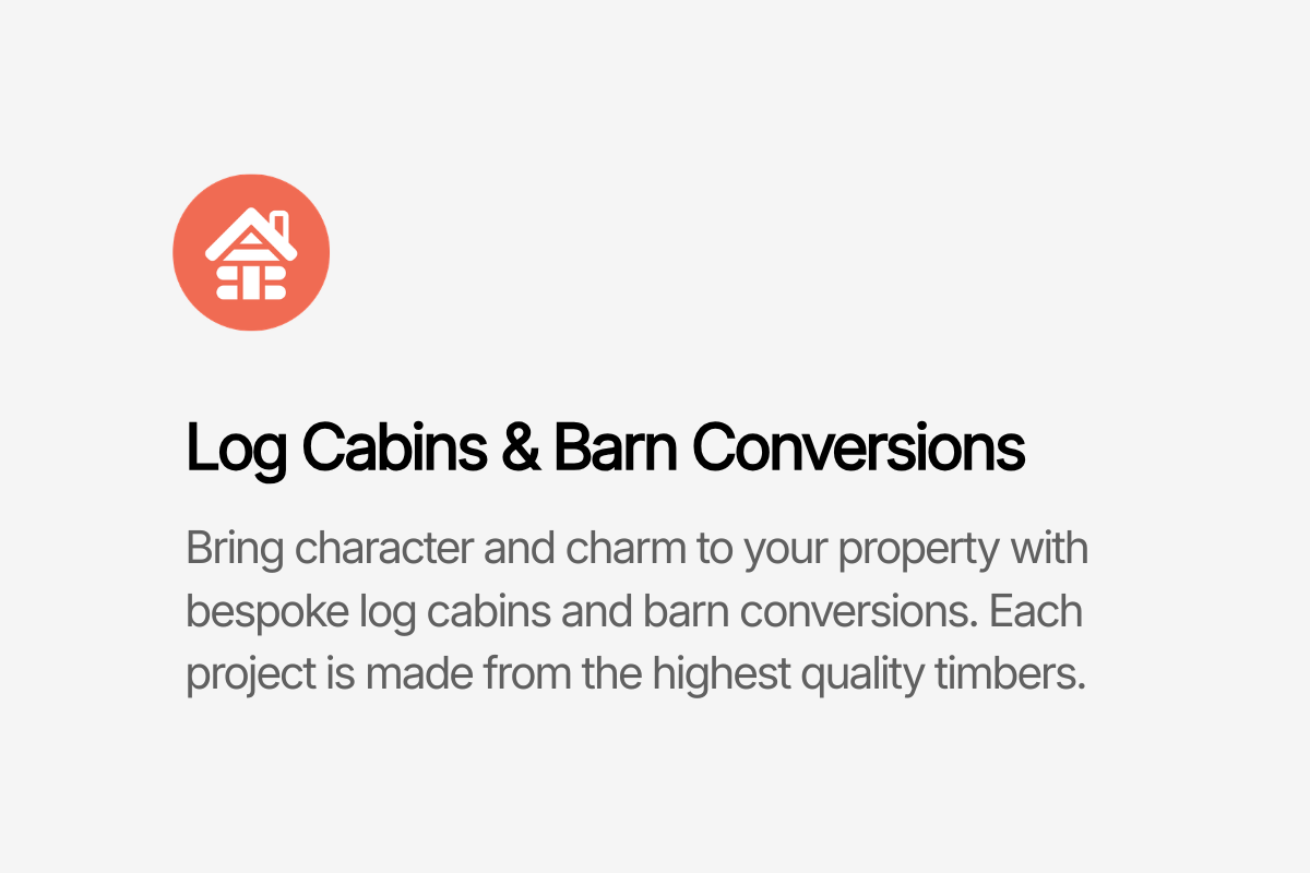 Logo of log cabins and barn conversions website with a simple house icon and text promoting custom log cabins and barn conversions.