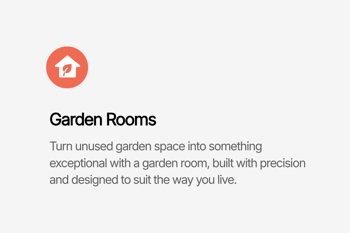 Screenshot of a mobile app or website page titled 'Garden Rooms' with an icon of a house with a leaf inside, and text describing turning unused garden space into a well-designed garden room.