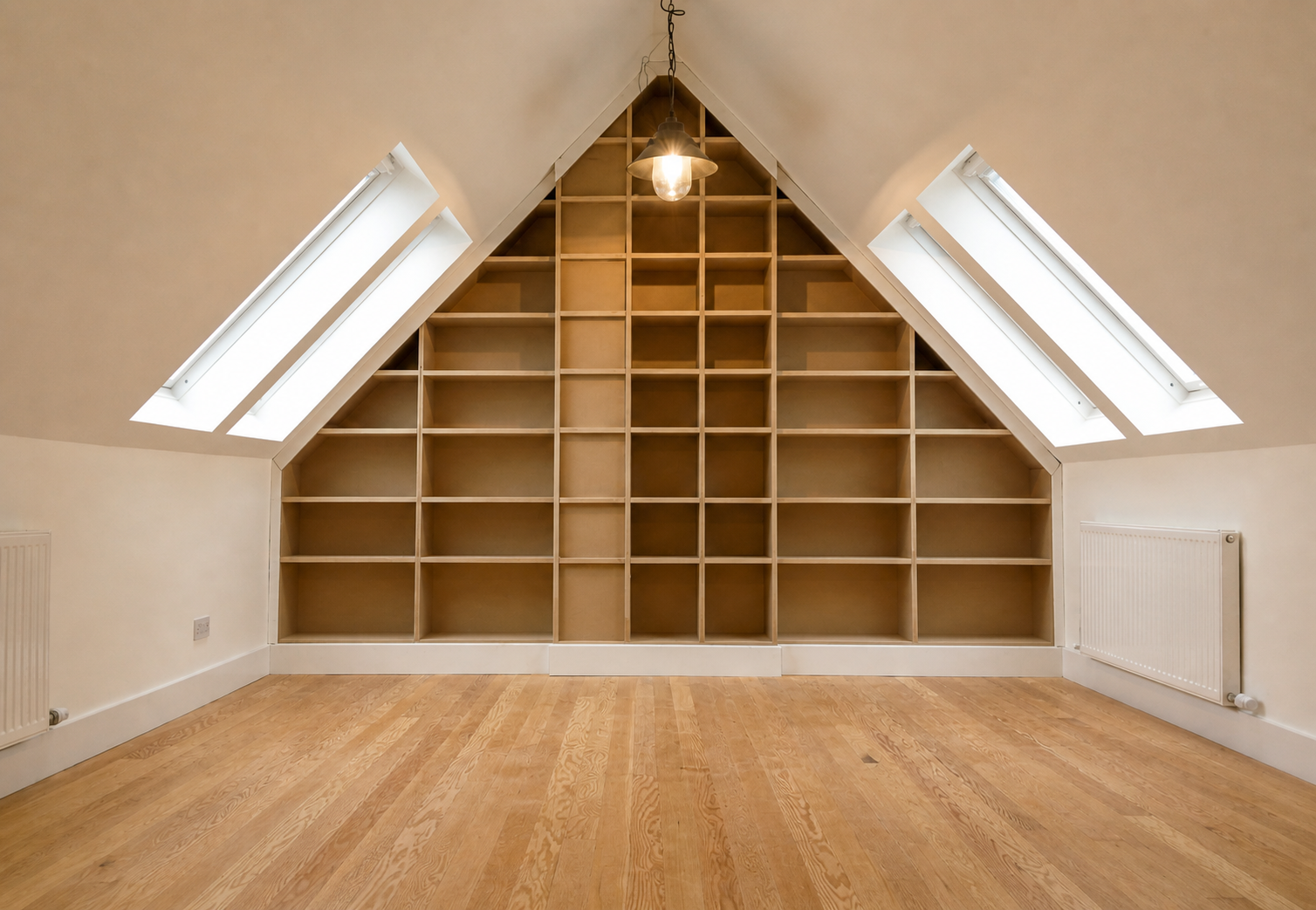 Empty attic room with sloped ceiling, built-in shelves on the back wall, two skylight windows, a ceiling light, and wooden flooring.