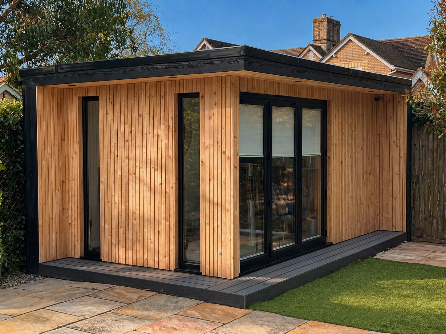 A modern backyard structure with vertical wooden siding, black framed sliding glass doors, and a small deck, situated on a grassy lawn with stone paving nearby.