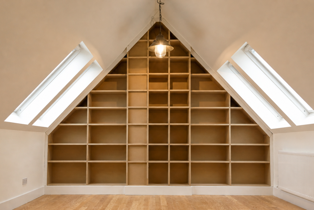 Empty wooden shelves in an attic room with triangular shape, two skylights, a hanging light bulb, and a radiator.