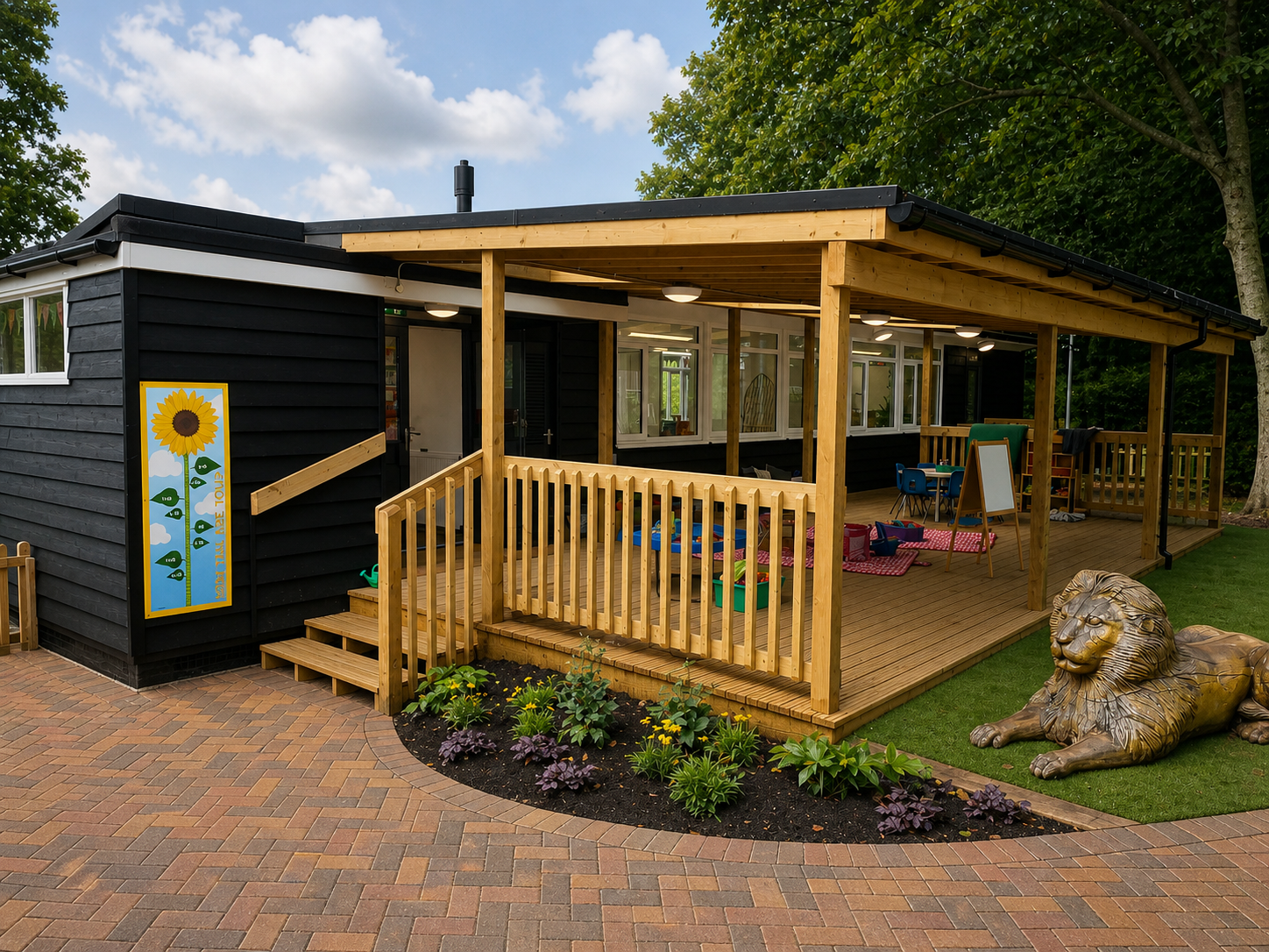 A black wooden building with a wooden covered porch, decorated with children's play items, a sunflower poster, and a large lion sculpture on a grassy area.