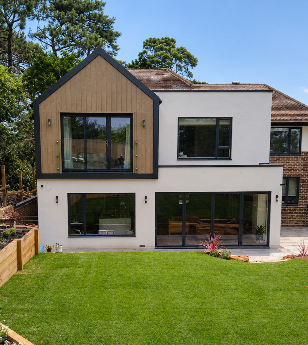Modern two-story house with a mix of white, brick, and wooden exterior finishes, large glass sliding doors and windows, a sloped roof, and a well-maintained green lawn in the foreground.
