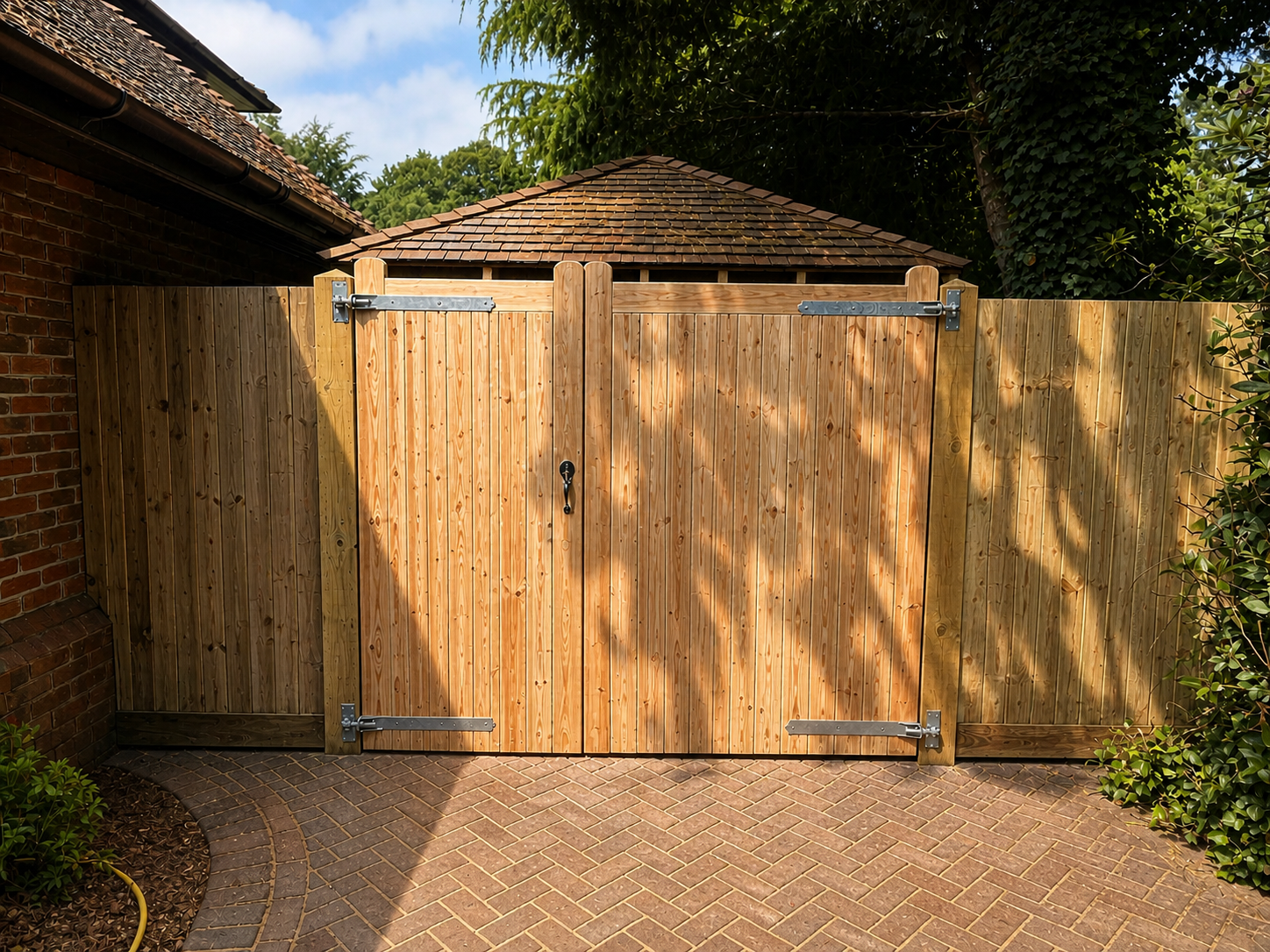 A wooden garden gate with metal hinges and latch, set in a tall wooden fence, in a backyard with brick paving and greenery.