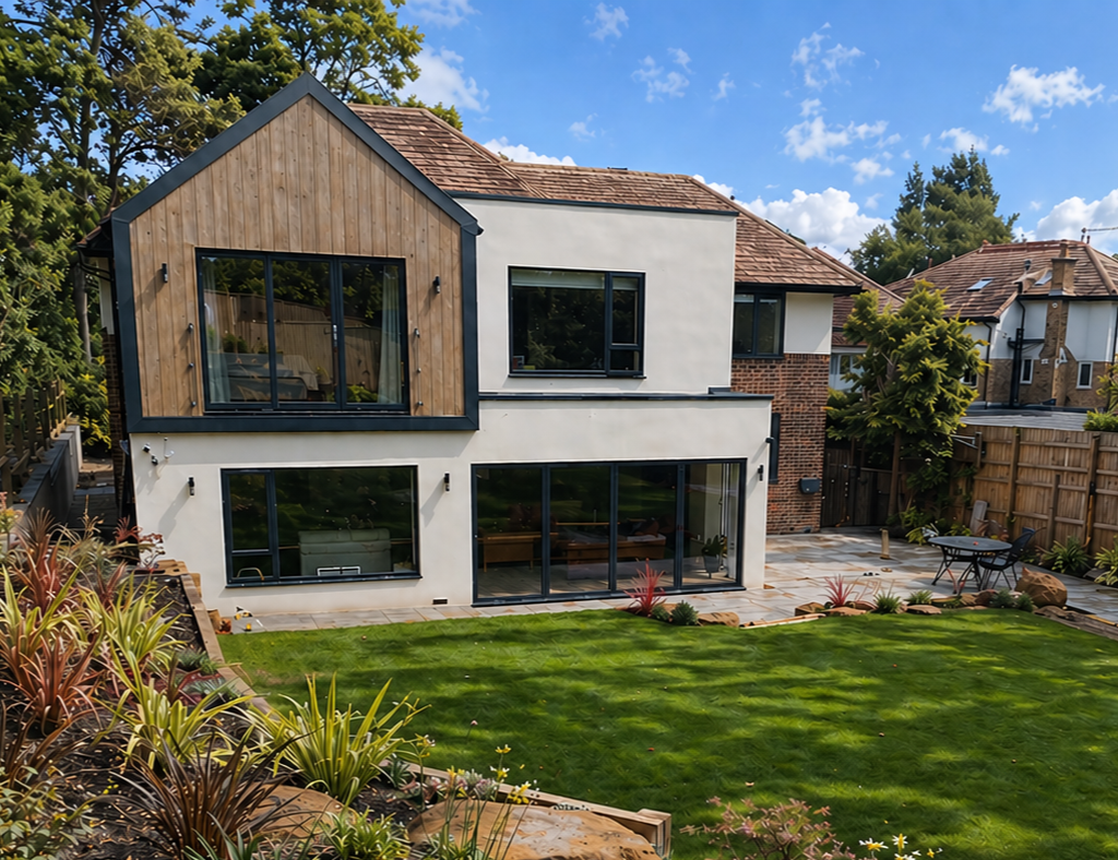 A modern two-story house with a white exterior, large glass windows, and a wooden section on the upper level, surrounded by a landscaped backyard with a green lawn and plants, under a partly cloudy sky.