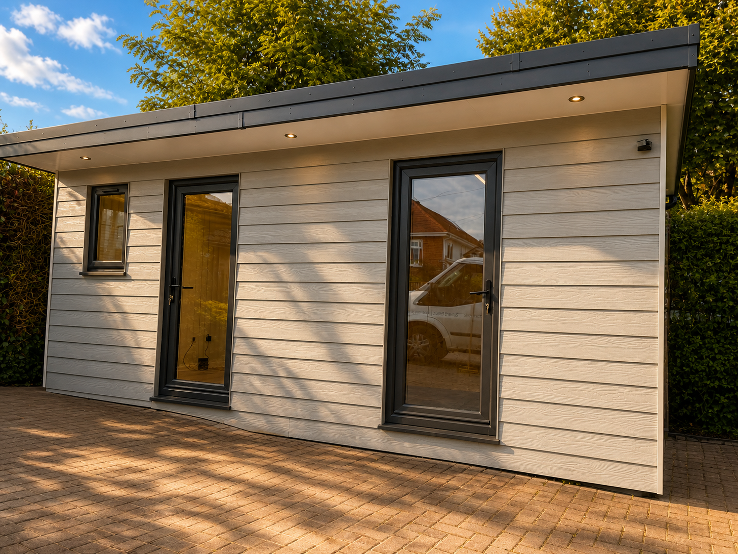 Small modern house with white horizontal siding, black framed glass doors, and windows. Cedar shingles on the roof, outdoor brick patio, trees and blue sky in background.