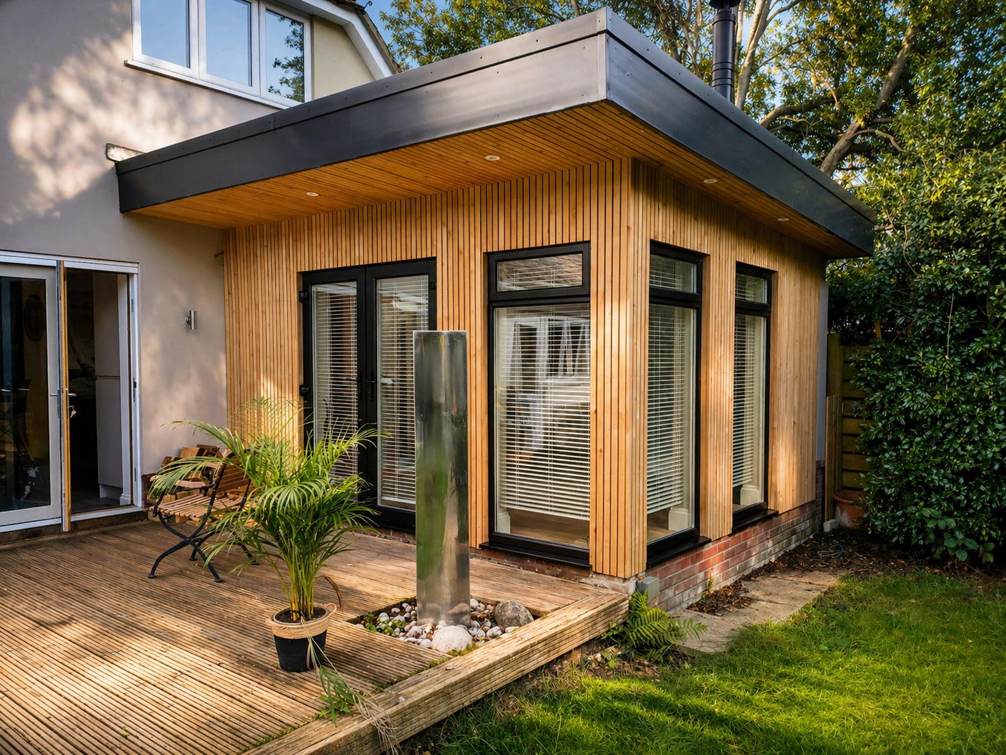 Modern house with wooden exterior wall, large glass windows, and sliding glass door leading to a wooden deck. There is a potted plant, a garden fountain, and a bench on the deck. The backyard has a green lawn and trees.