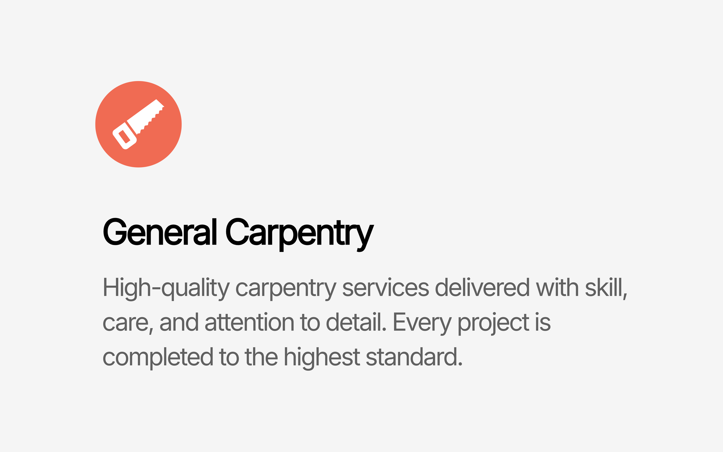 Icon of a handsaw inside a red circle, with text labeled 'General Carpentry' and a description about high-quality carpentry services.