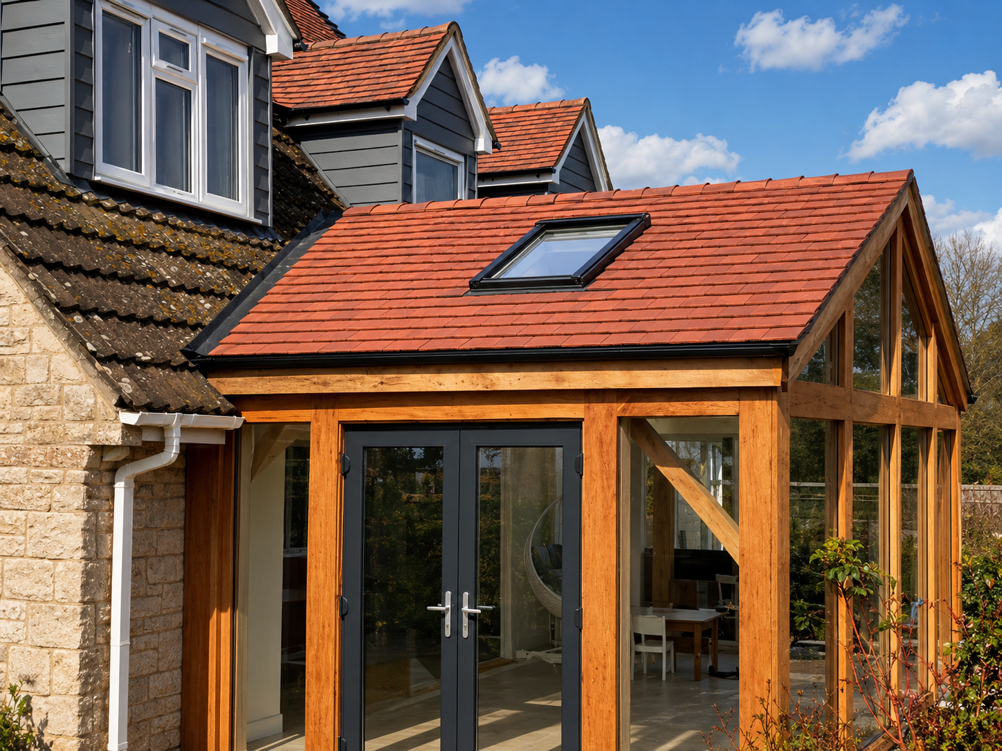 The image shows a house with a modern extension featuring a sloped red tile roof, large glass windows, and wooden framing, contrasting with an older part of the house with a stone wall and darker roof tiles.