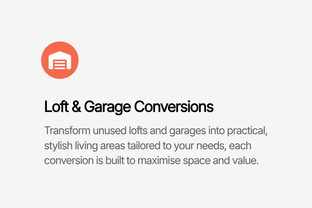 Icon of a garage door in a red circle, with text about converting unused lofts and garages into living spaces.