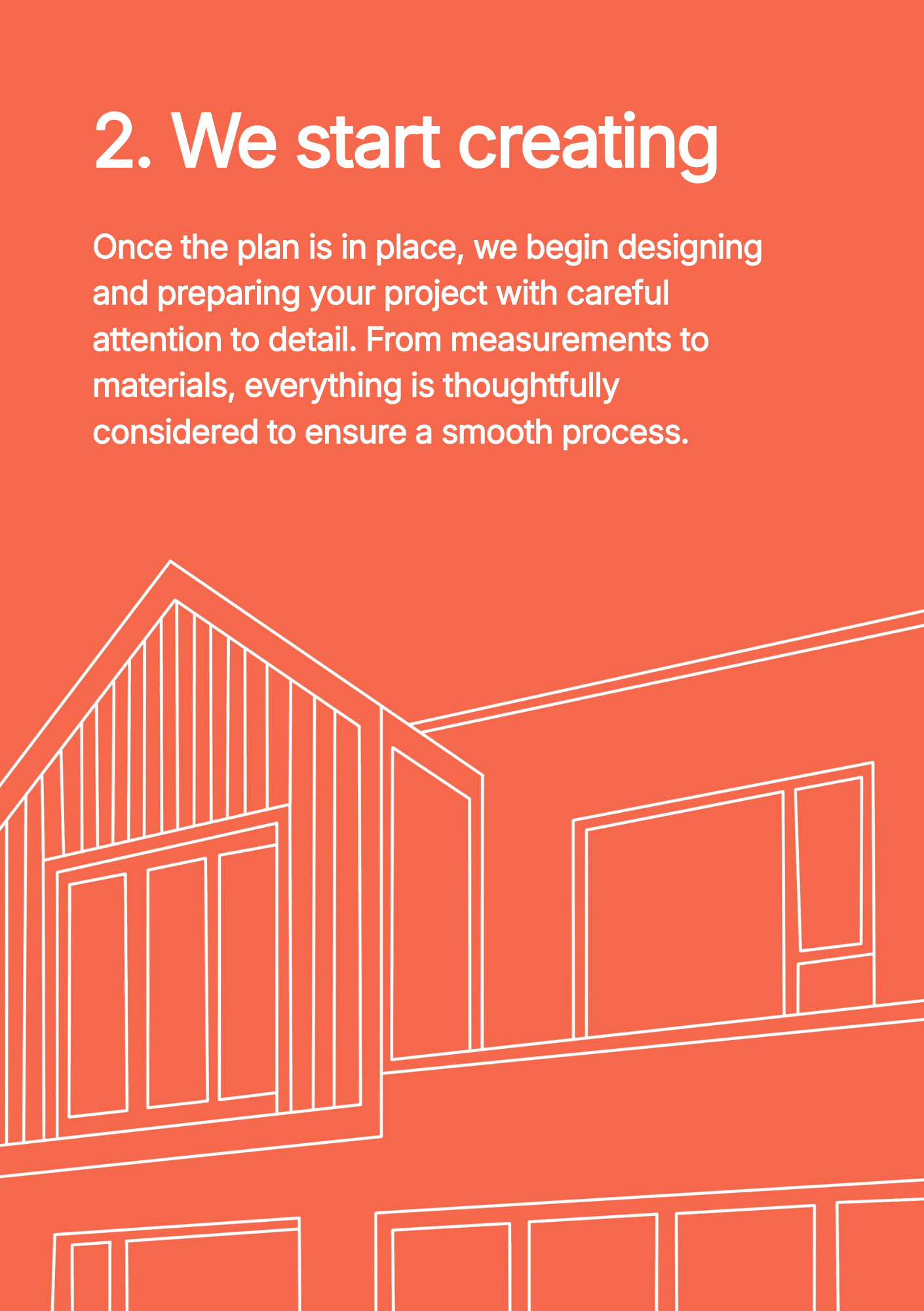 A visual with text about starting a project, including a partial outline of a building or architectural drawing on an orange background.