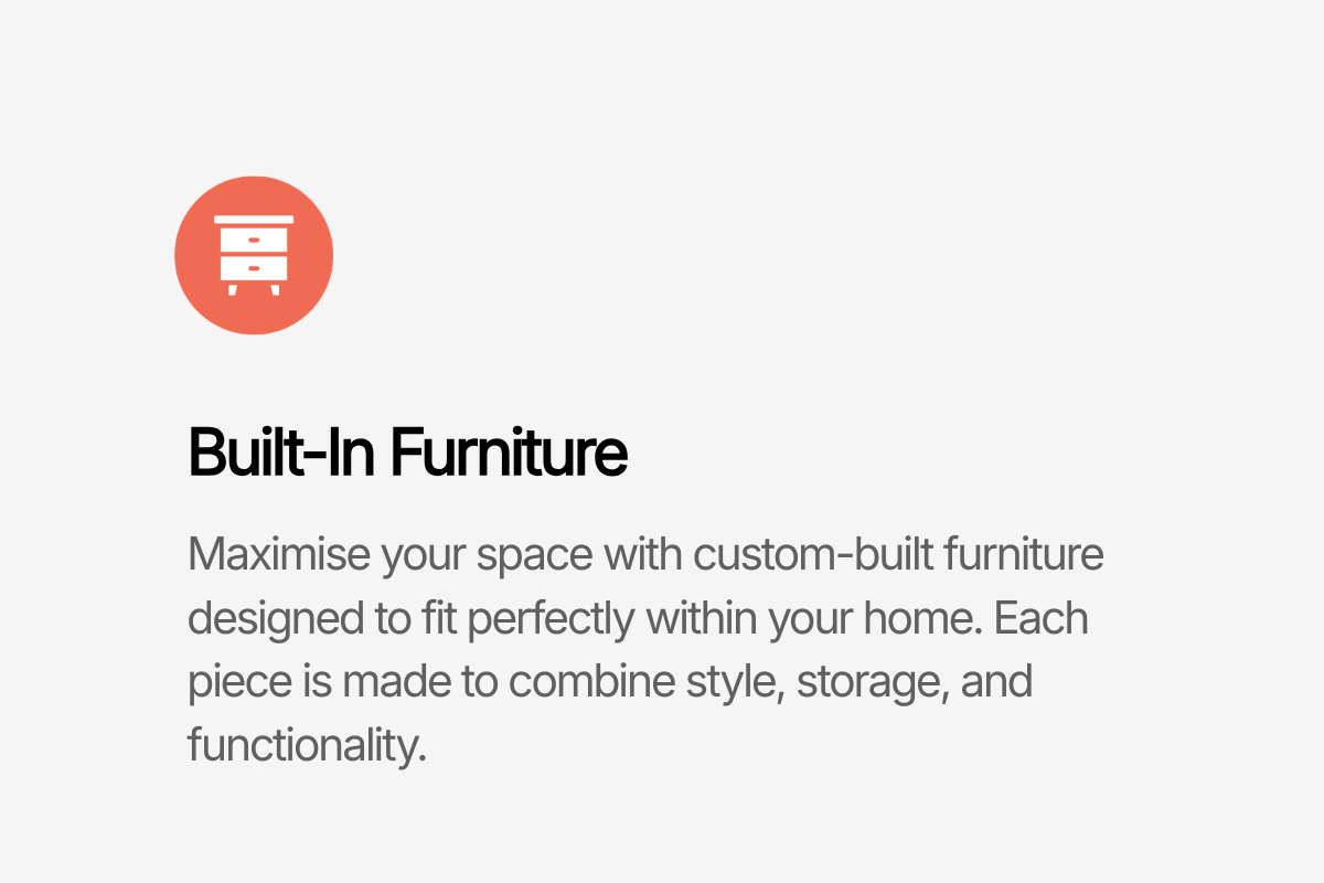 Icon of a piece of furniture, circle with a dresser or chest icon, above text about built-in furniture for maximizing space with custom pieces.