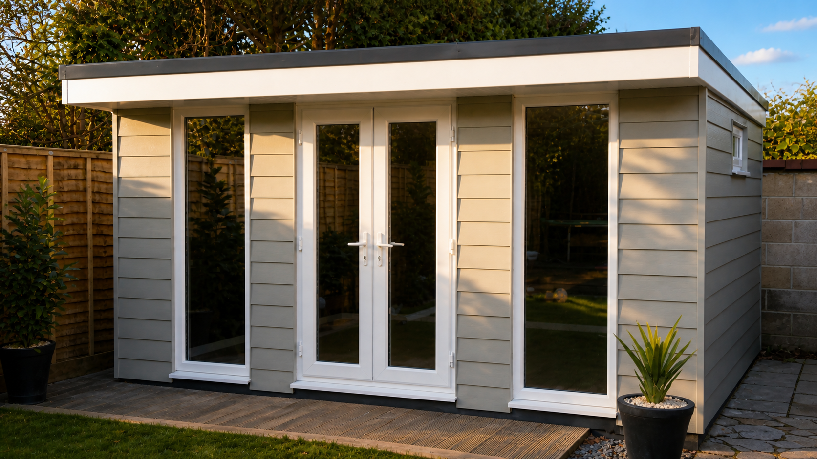 A small garden shed with beige siding, glass double doors, and a small window on the side. It is surrounded by a patio with two potted plants on either side and a wooden fence and trees in the background.
