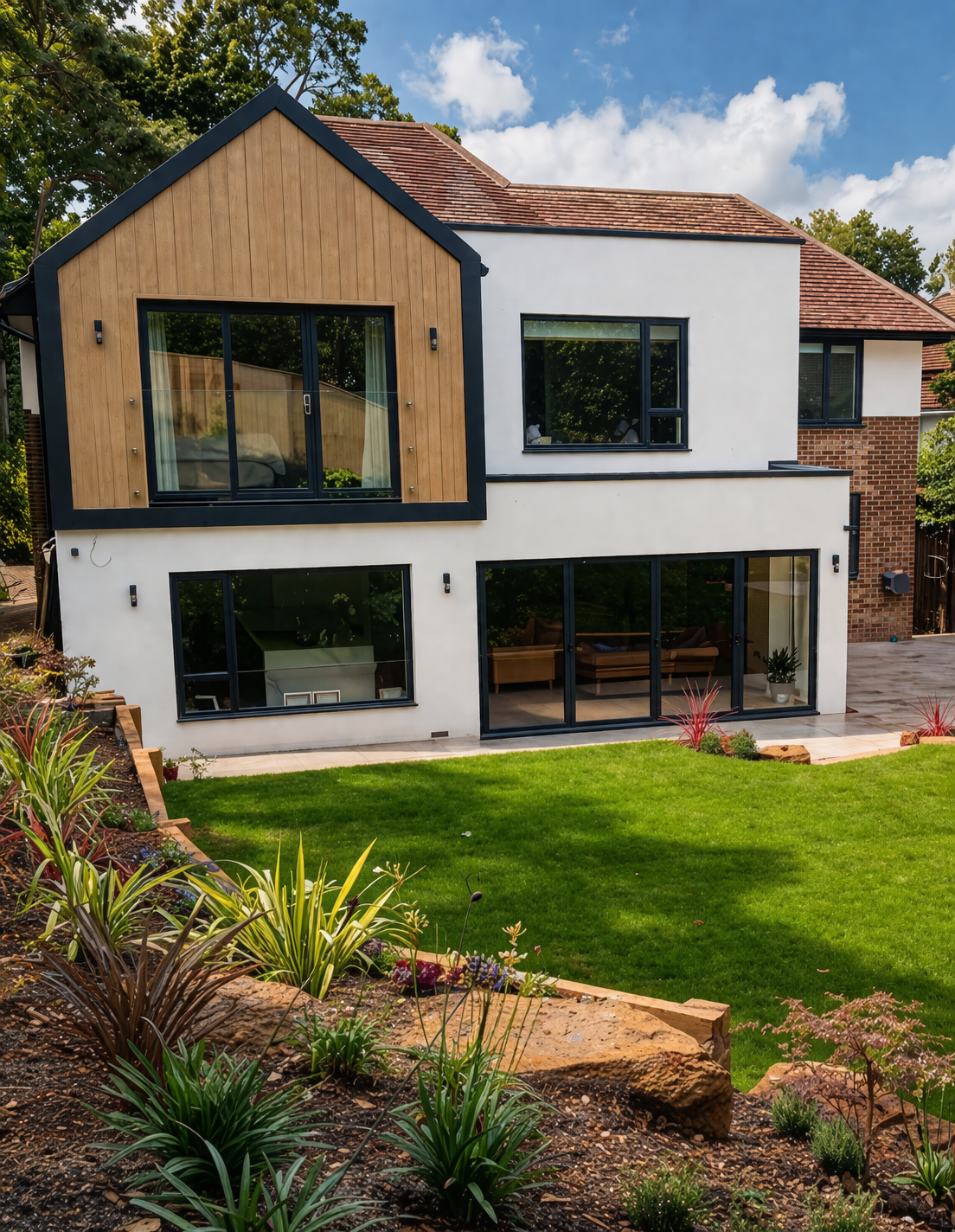 Modern two-story house with white and wood exterior, large glass sliding doors, a sloped roof with red shingles, a manicured lawn, and landscaped garden with various plants and flowers.