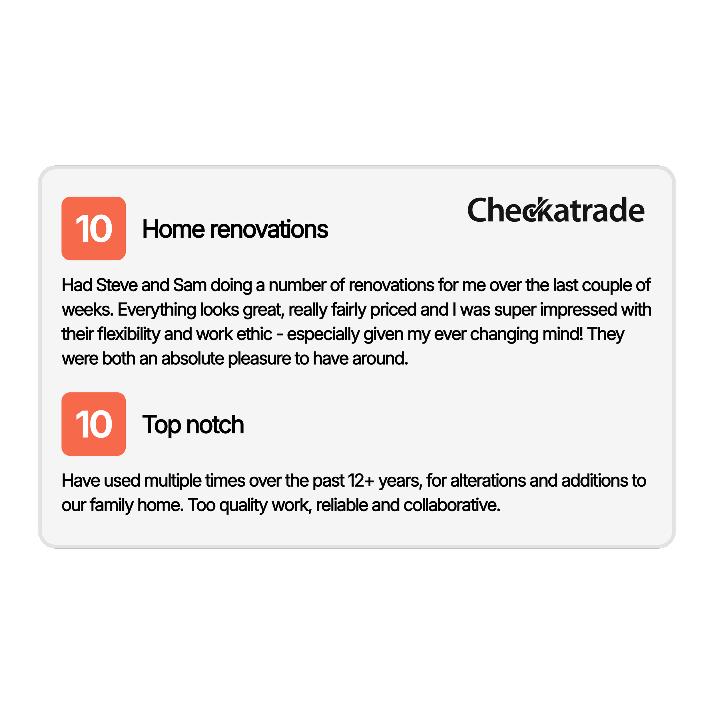Screenshot of a Checkatrade review mentioning home renovations, with the company logo and review text.