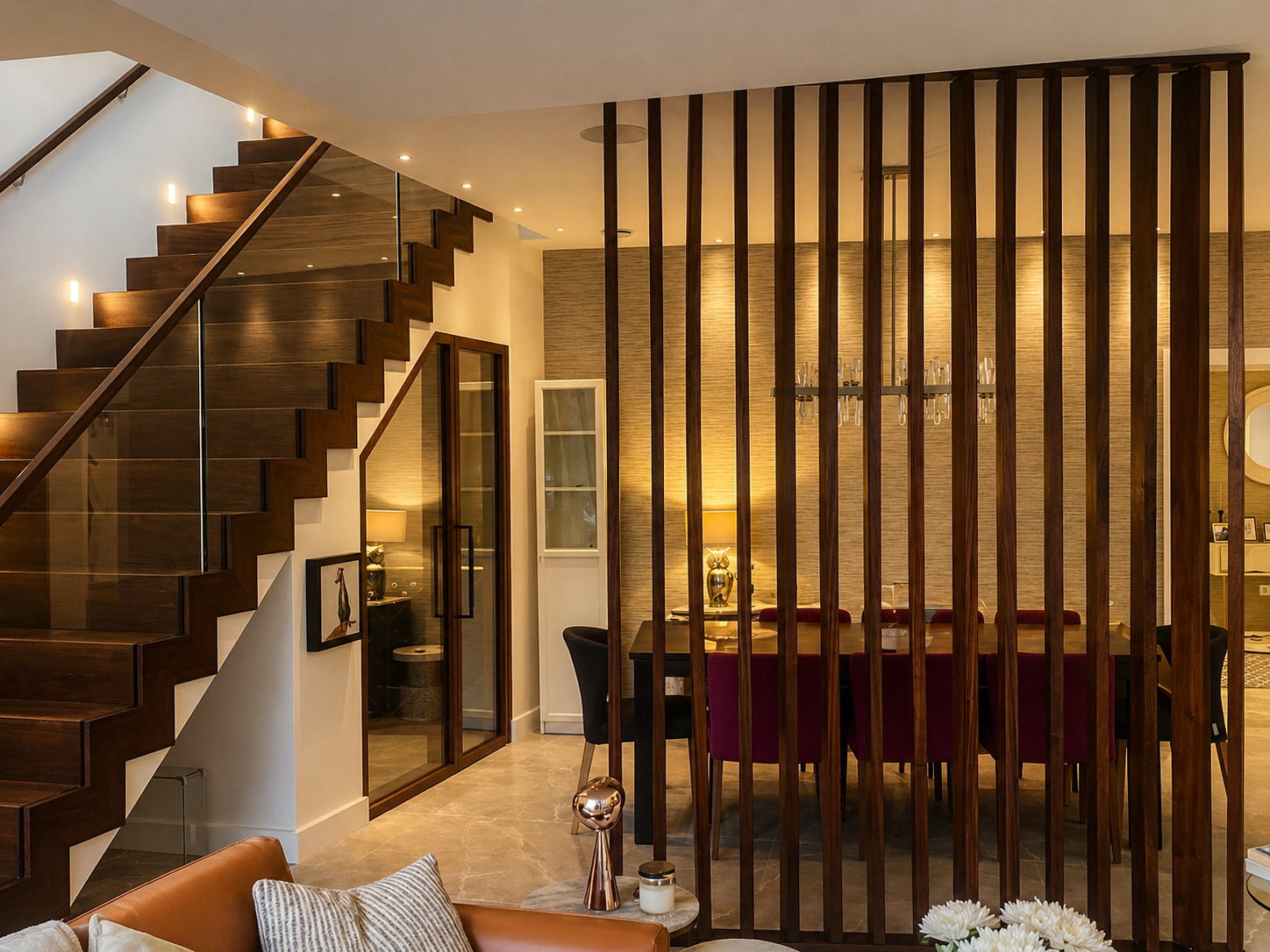 Interior of a modern living and dining area with a staircase, wooden accents, and warm lighting.
