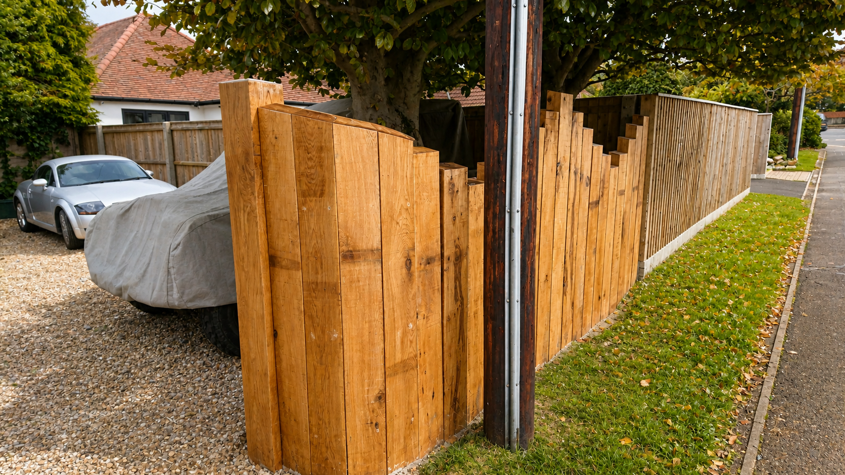 Wooden fence and gate along a sidewalk with grass and fallen leaves, residential street in background, parked cars including one covered.