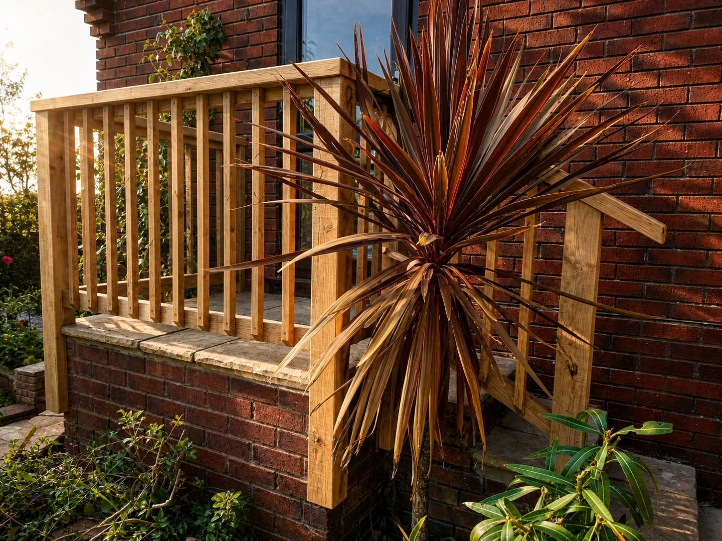A brick house with a small wooden balcony and a large reddish-brown plant in the front yard.