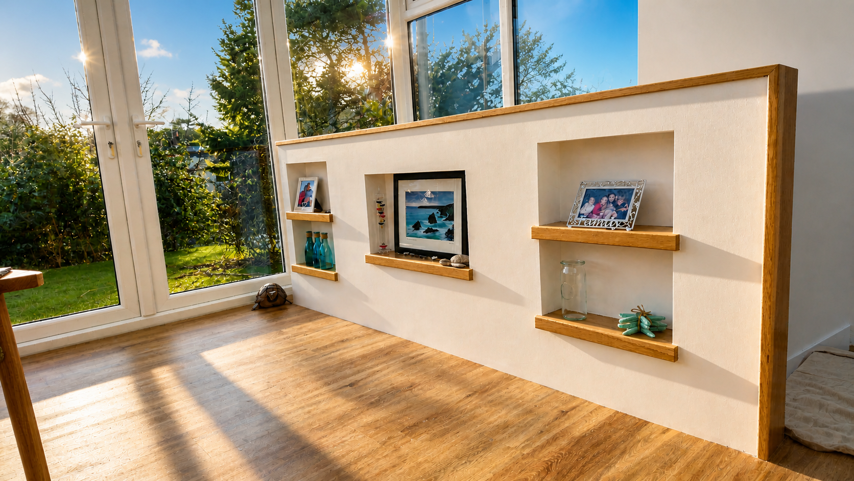 Sunlight streams through large sliding glass doors into a room with a beige wall and wooden floor. The wall has built-in shelves holding framed photos, decorative bottles, a Mason jar, and small personal items. Outside the doors, a garden with bushes and trees is visible.
