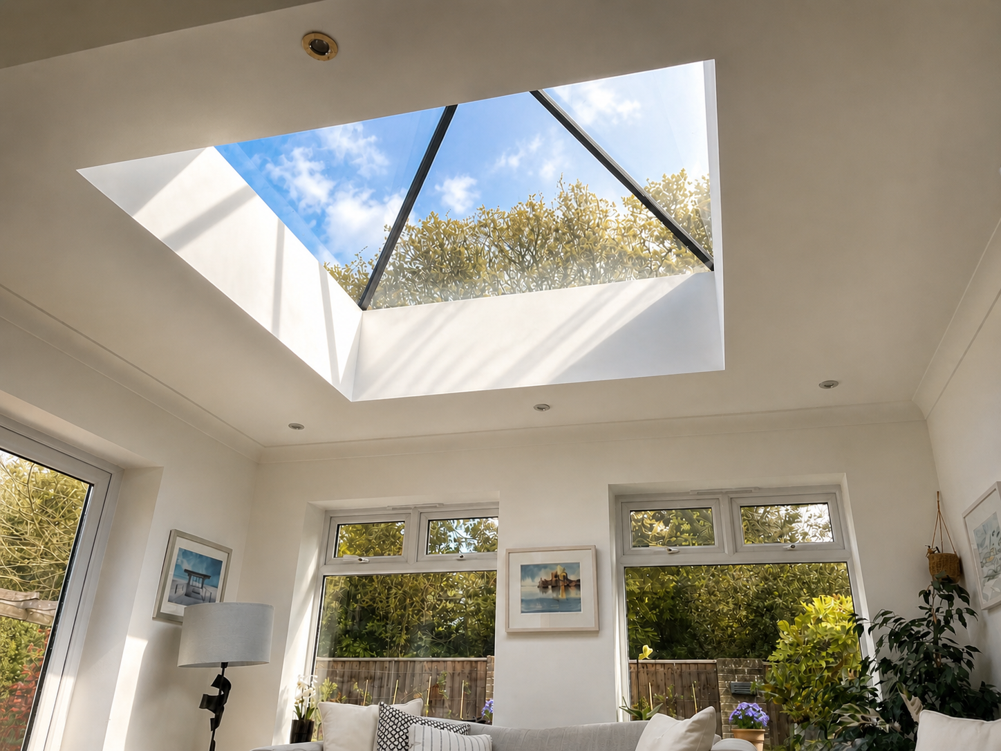 Living room with white walls, large windows, framed artwork, a floor lamp, and a glass ceiling or skylight showing blue sky and clouds with trees above.