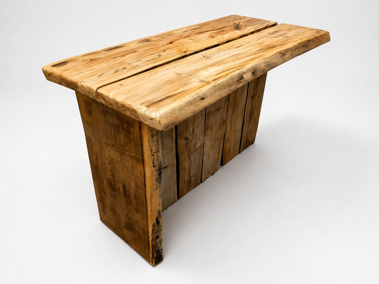 A rustic wooden bench with a simple design, made of natural wood planks, placed on a white background.