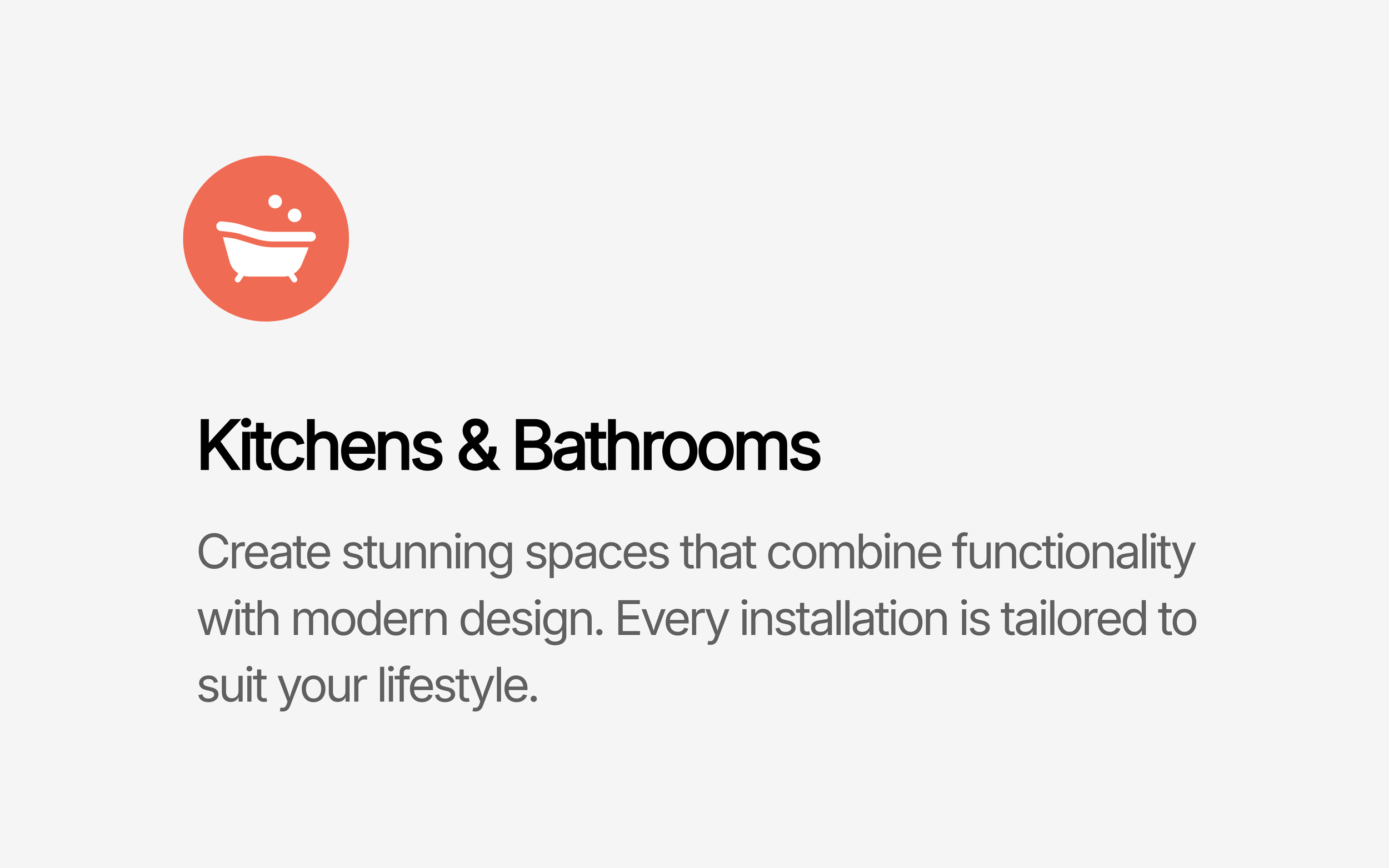 Icon of a bathtub with bubbles, red circle background, and text 'Kitchens & Bathrooms' with a description of creating functional modern spaces.
