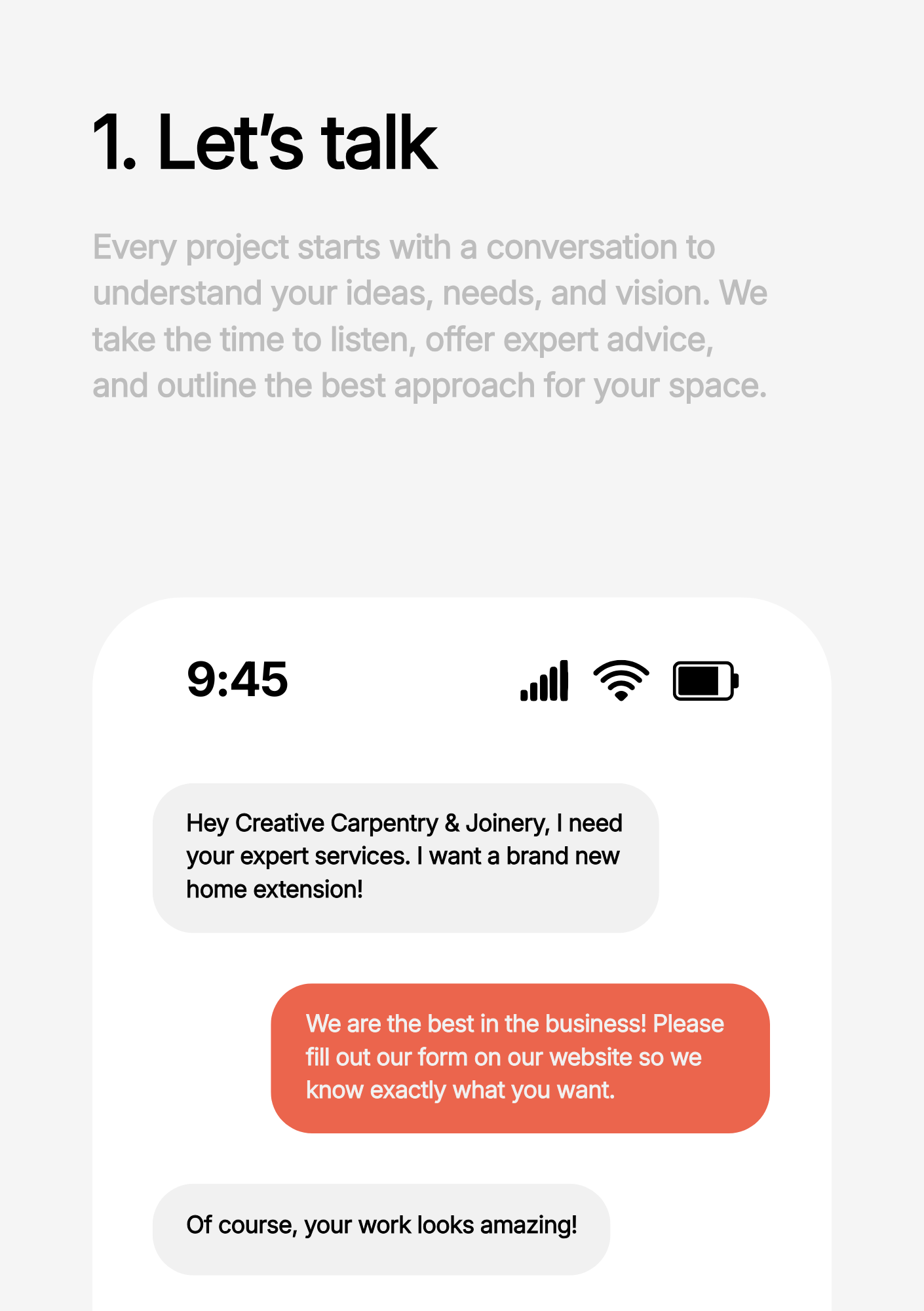 A digital chat interface with a conversation about home extension services, featuring a message asking for expert services and a response praising the recipient's work.