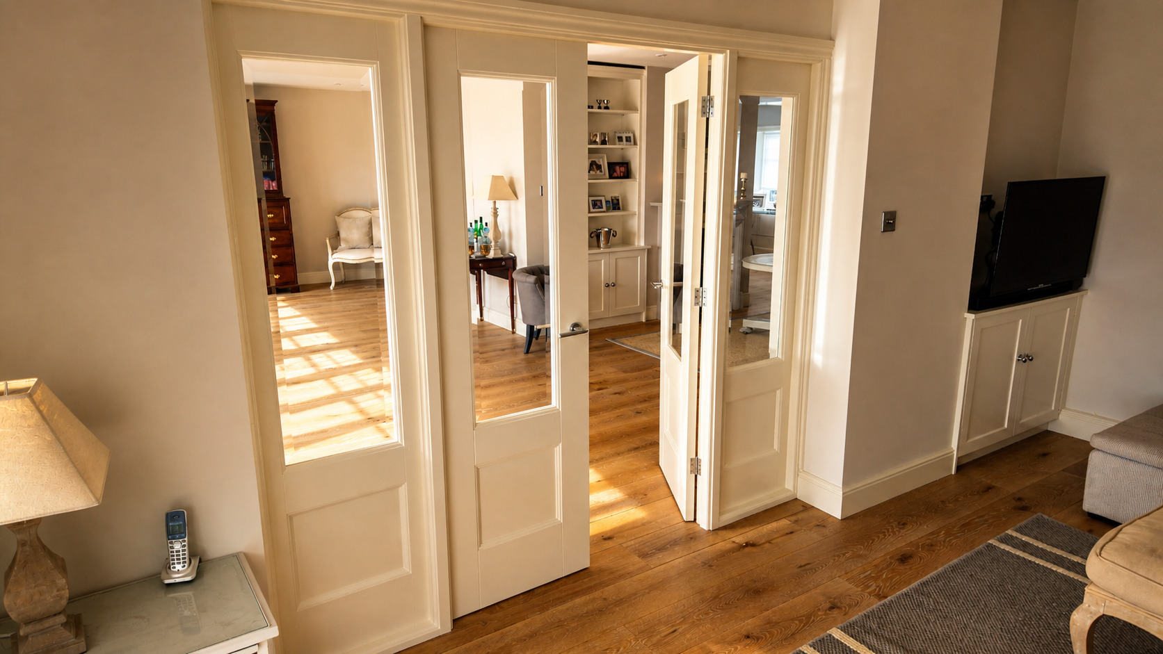 Living room with wooden flooring, a beige armchair, a side table with a lamp and phone, view through double glass doors into other rooms with wooden flooring, bookshelf, lamp, and dining area.