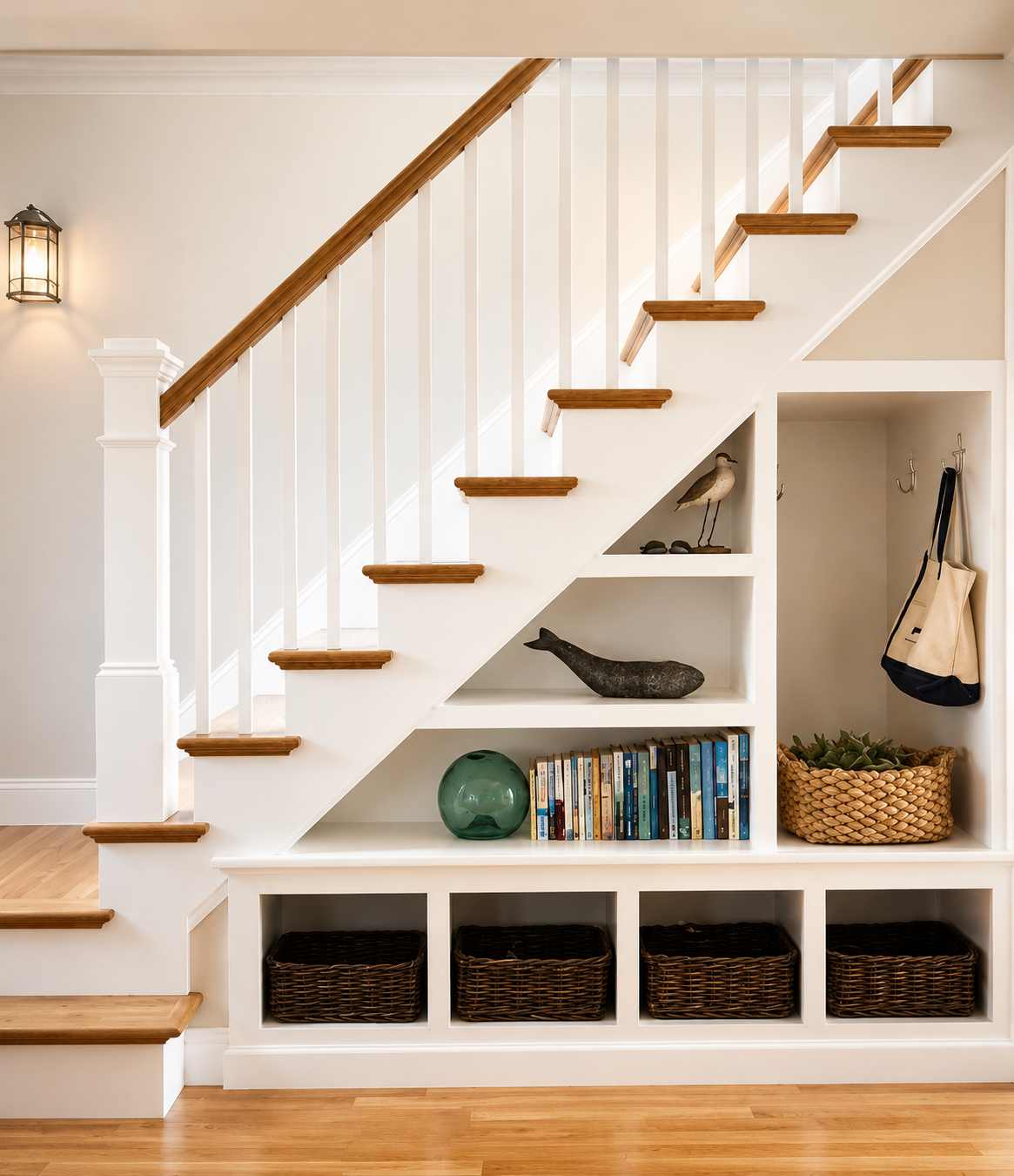 Interior view of a staircase with white risers and wooden treads, built-in shelves underneath holding books, decorative items, and baskets, with a wall-mounted light fixture to the left.