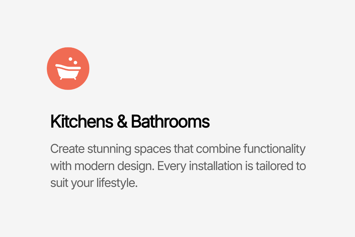 Image of a website or app page titled 'Kitchens & Bathrooms' with a description about creating functional and modern spaces.