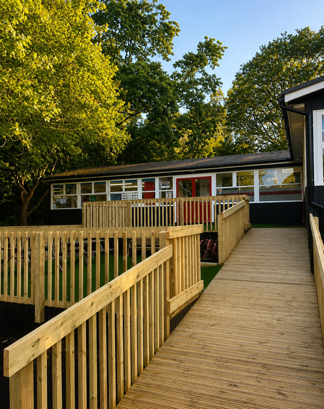 Wooden ramp with safety railing leading to a building with large windows, surrounded by lush green trees.
