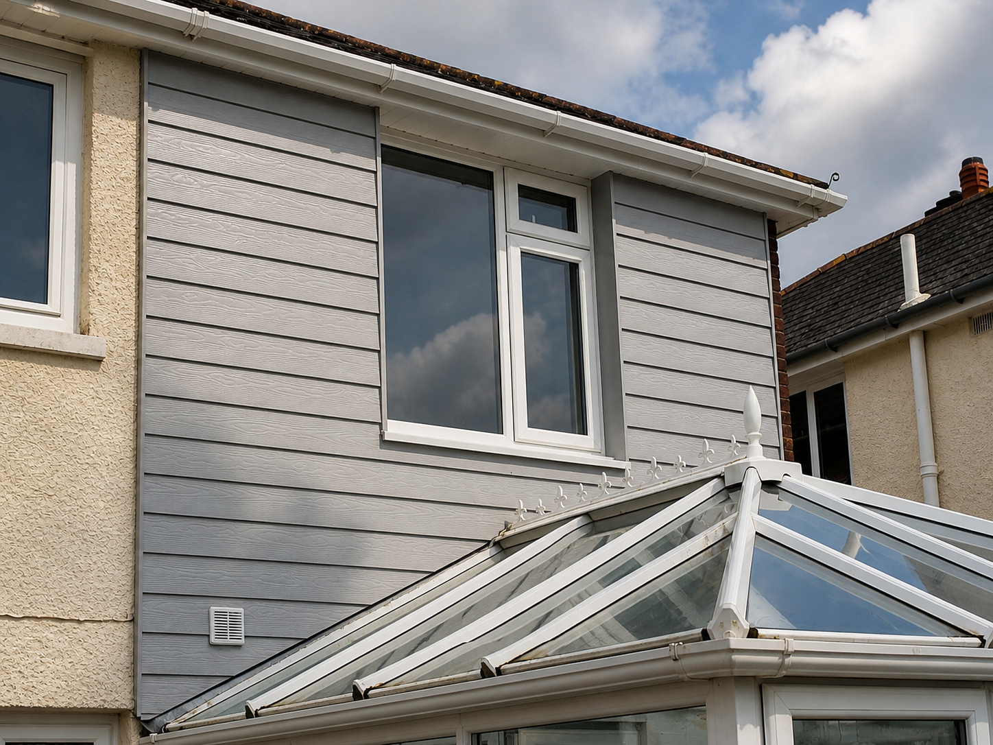 Close-up of the exterior of a house, featuring a grey wooden siding, a window, and a glass conservatory roof.