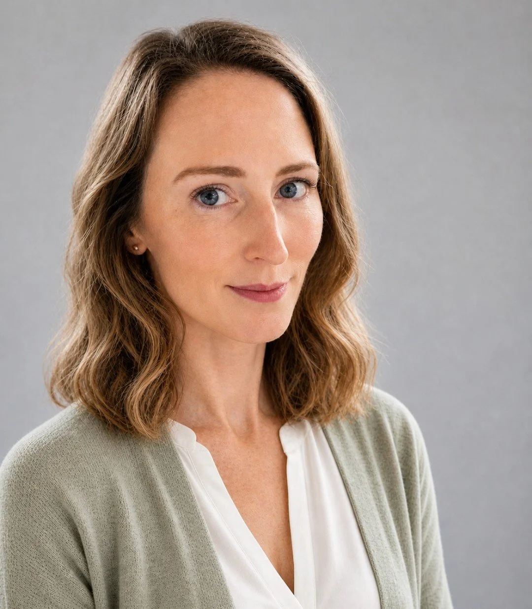 A woman with shoulder-length light brown hair, blue eyes, and fair skin, wearing a beige cardigan over a white blouse, looking at the camera with a gentle smiling expression against a plain gray background.