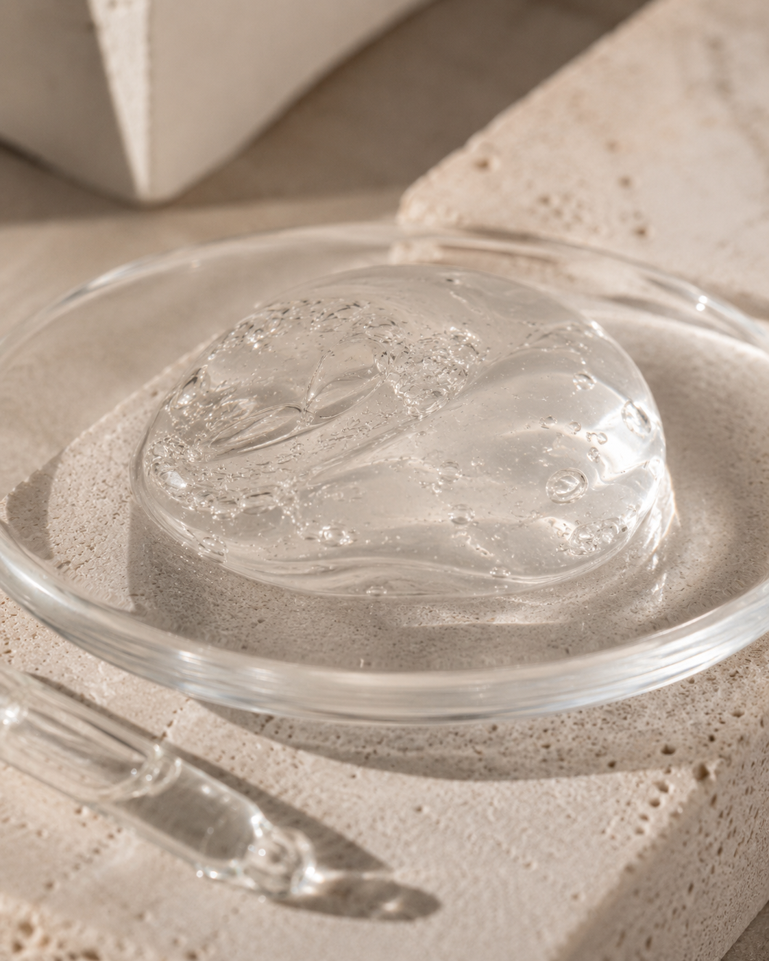 Close-up of clear bioactive prebiotics jelly serum gel with bubbles on a glass dish in a soft neutral skincare setting.