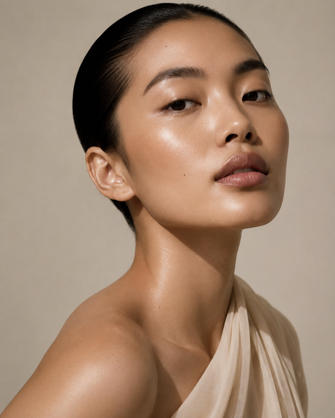 High-fashion editorial skincare portrait for SkinEdit 101 by iLM Beauty, featuring glowing natural skin and simple skincare routine advice.
