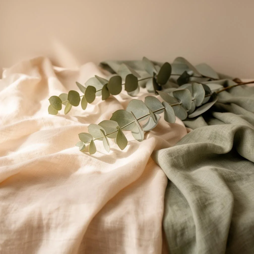 Eucalyptus leaves resting on soft, crumpled fabric in beige and green tones.