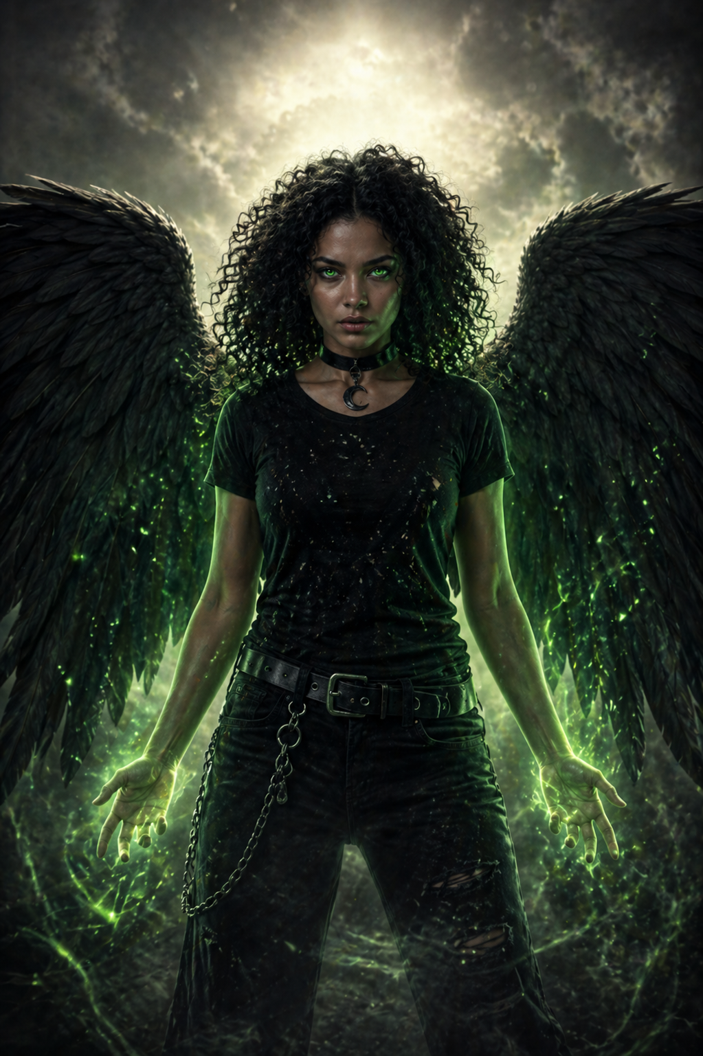 A woman with dark curly hair, glowing green eyes, and black angel wings stands in a dark, stormy sky with clouds and bright sunlight behind her. She wears a black t-shirt, ripped black jeans, and has green energy surrounding her hands and body, with a choker featuring a crescent moon pendant.