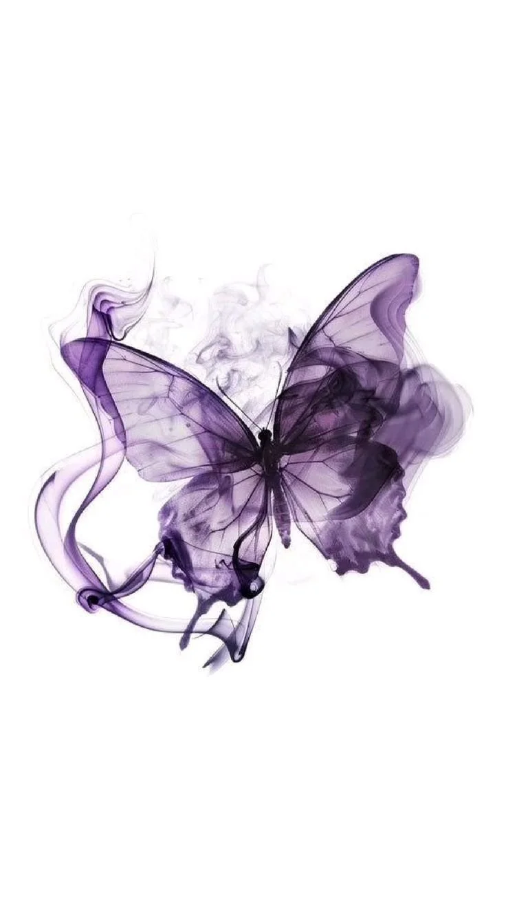 A purple butterfly made of swirling smoke or ink on a white background.