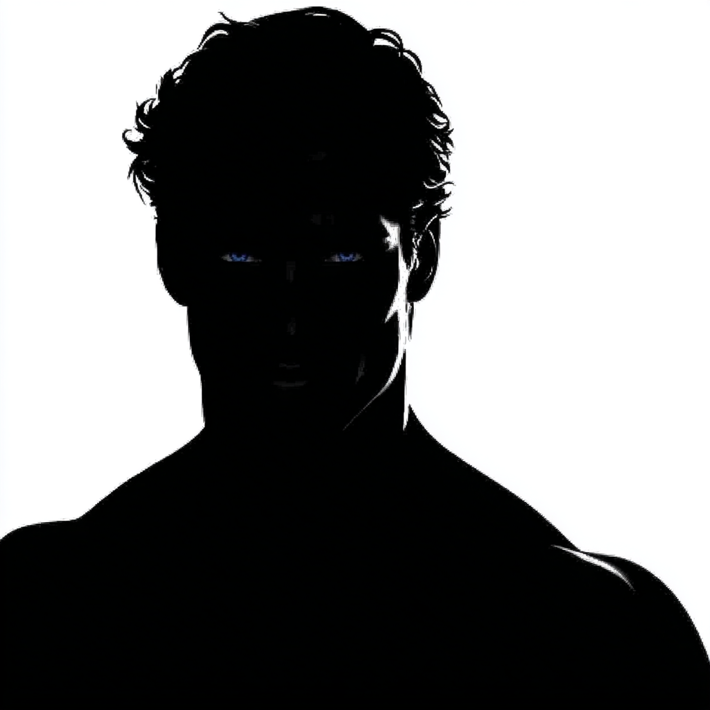 Silhouette of a shirtless man with curly hair, facing forward, with a white background.