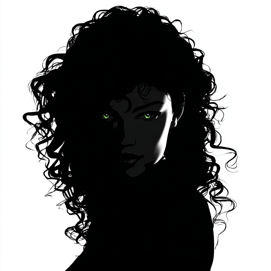 Silhouette of a woman with curly hair and glowing green eyes, partially shadowed face, against a white background.