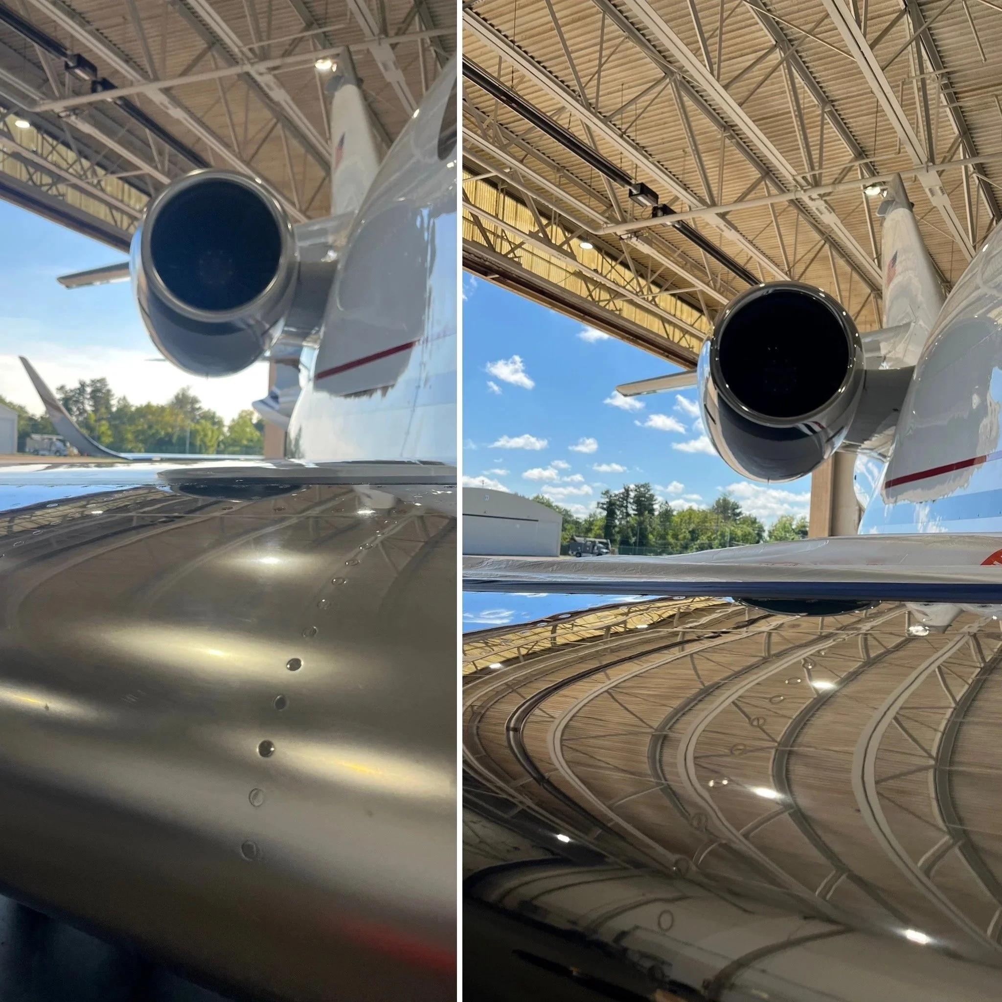 Close-up of an airplane's rear engine and wing, viewed from below, inside a large hangar with a curved wooden ceiling and metal support beams.