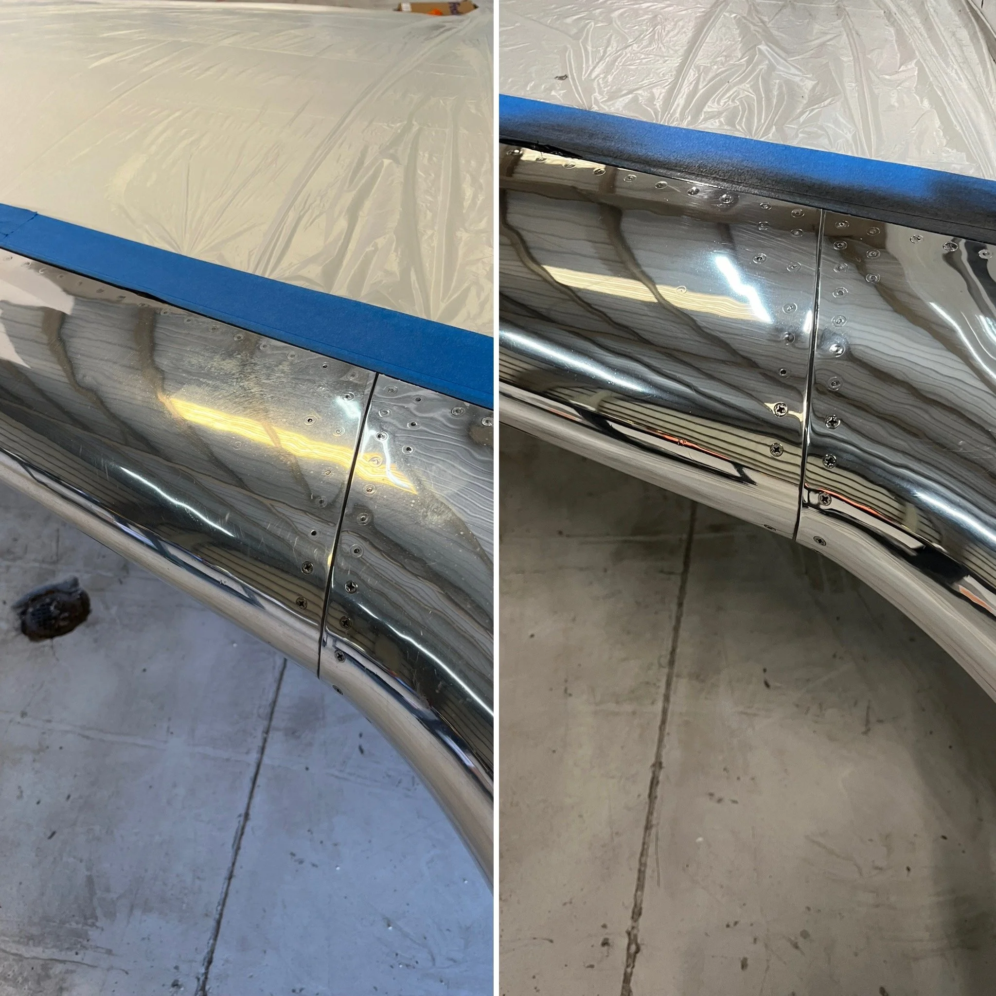Close-up of a section of an aluminum surface with rivets, covered partially with blue painter's tape, and a plastic sheet or film on top of the tape, with visible scars and reflection.