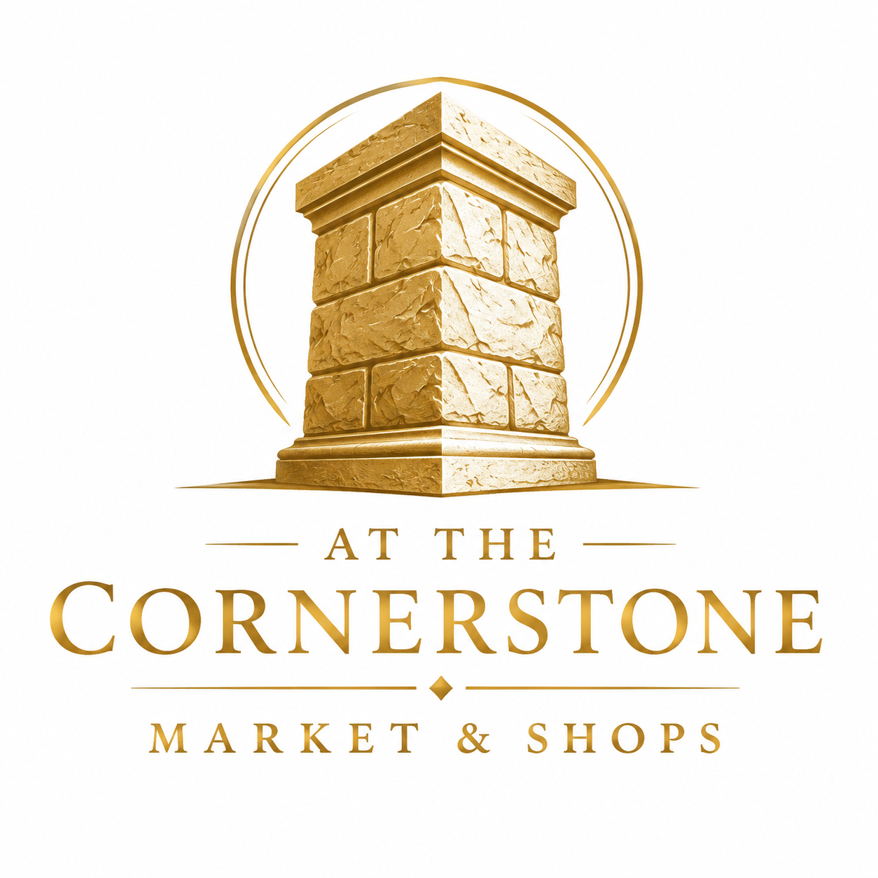 Logo with a golden stone corner pillar and text 'At the Cornerstone Market & Shops'