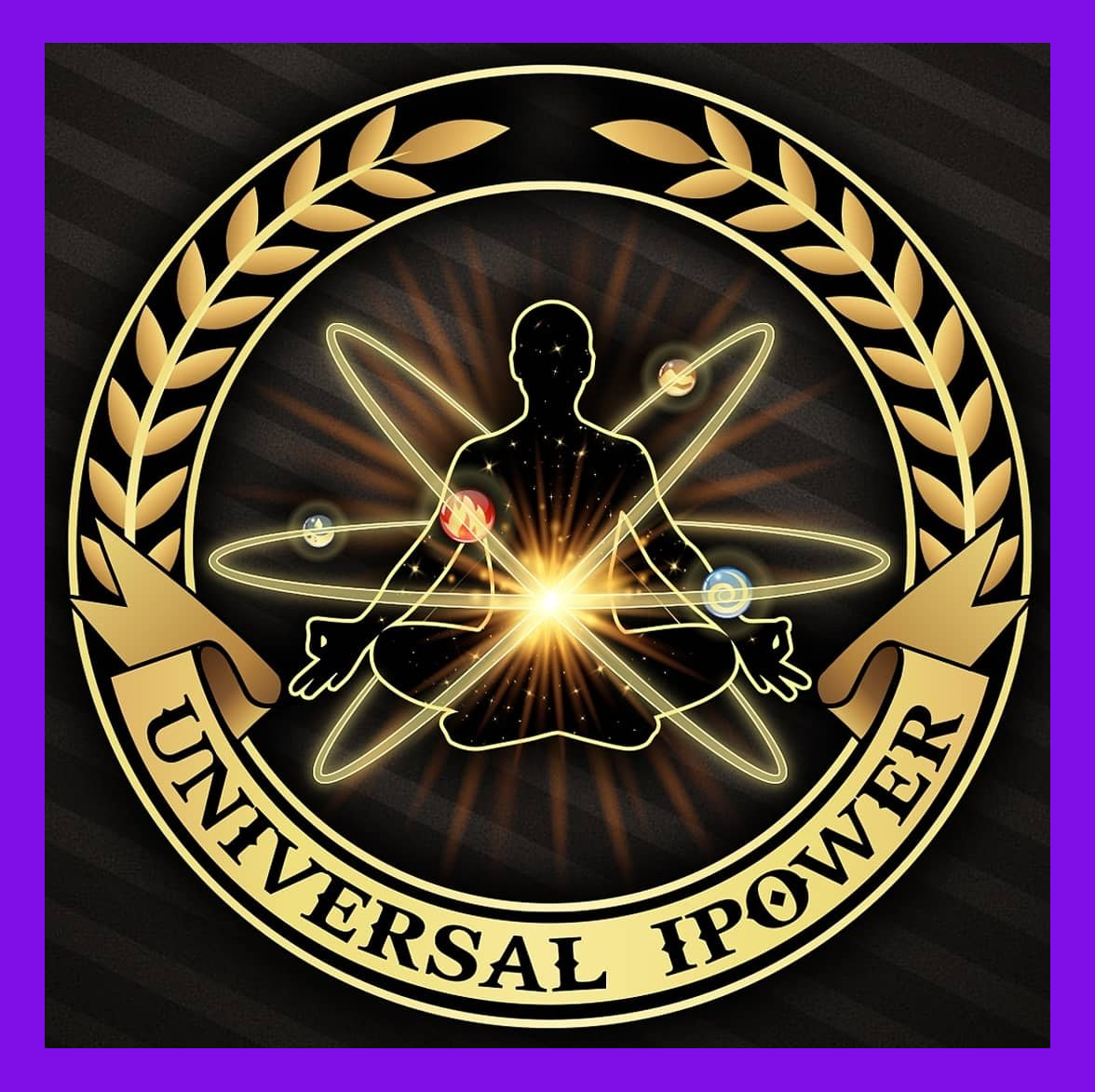 A golden emblem with a silhouette of a person meditating in a lotus position, surrounded by planet-like orbits and orbs, with radiant light at the center and a laurel wreath border. Text reads 'Universal Power' at the bottom.
