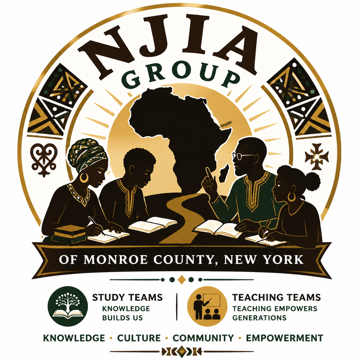 Logo for NJIA Group of Monroe County, New York, showing four diverse people with books and a map of Africa in the background. Symbols of study and teaching are included, emphasizing themes of knowledge, culture, community, and empowerment.